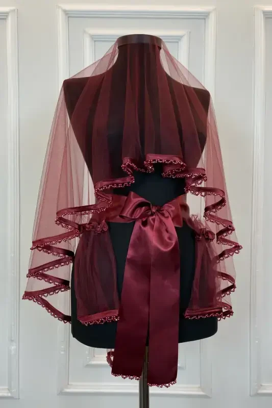 Бордовый Биеловый Кружевной Свадебный Набор Фата Пояс Бусины Перчатки Цветок на руку Покрытие для лица на девичник 6 шт -САЧАКЛИБИЕЛИБОРДО - 1