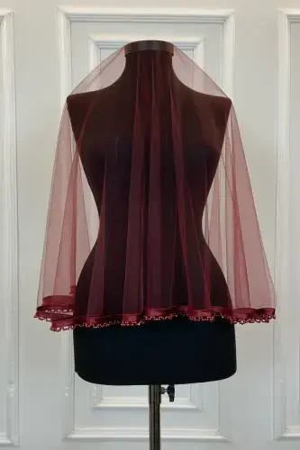 Бордовый Биеловый Кружевной Свадебный Набор Фата Пояс Бусины Перчатки Цветок на руку Покрытие для лица на девичник 6 шт -САЧАКЛИБИЕЛИБОРДО - 5