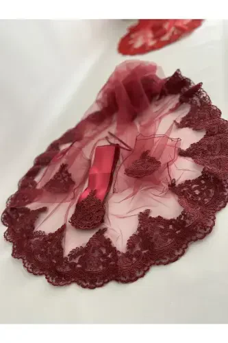 Бордовый Изящный Гипюровый Свадебный Венок Пояс Перчатки Полный Комплект Хна Ночь Свадьба-Бордовый - 1