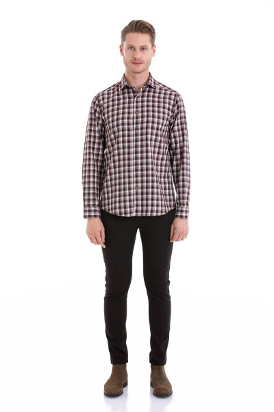 Бордовый Классический Fit В Клетку Slim Воротник Длинный Рукав Casua - 3