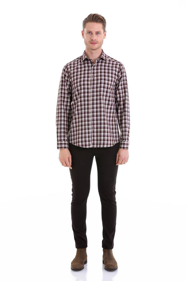 Бордовый Классический Fit В Клетку Slim Воротник Длинный Рукав Casua - 3