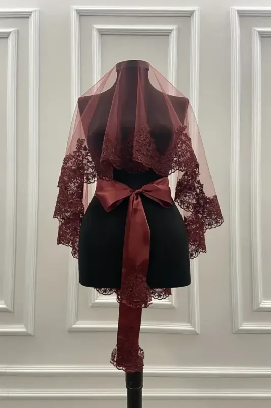 Бордовый кружевной свадебный комплект с фатой, перчатками и поясом - бордовый - 2