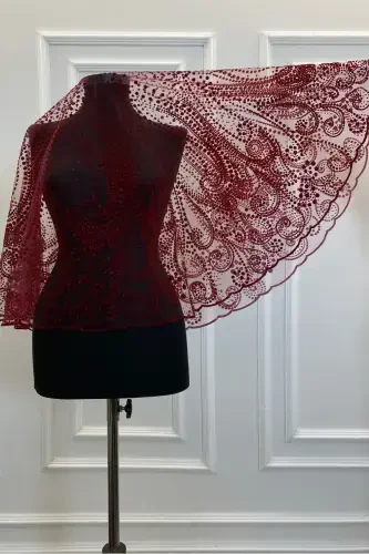 Бордовый С блестками Полный Комплект Свадебной Фаты, Фата для Хны-FLOKSWAROVSKİBORDO - 1