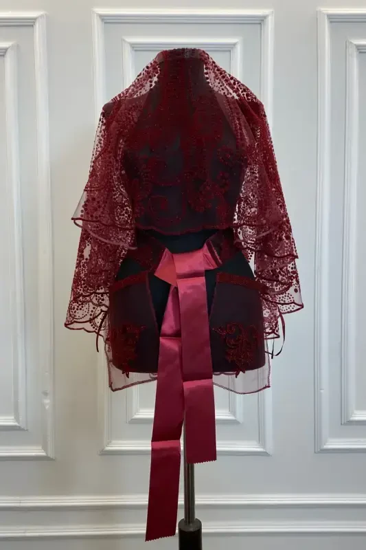 Бордовый С блестками Полный Комплект Свадебной Фаты, Фата для Хны-FLOKSWAROVSKİBORDO - 3