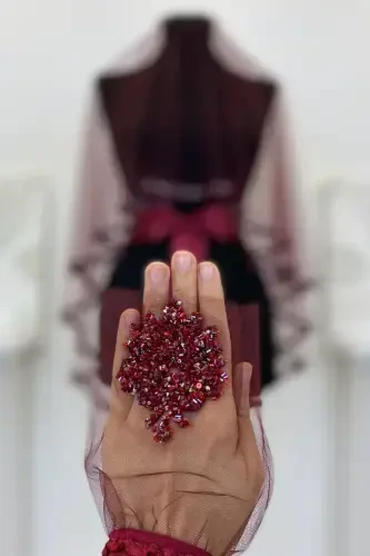 Бордовый Свадебный Набор Вуали, Набор Вуали для Хны с Каменными Бусинами и Блестками 6 Штук-ВуальБордо - 4