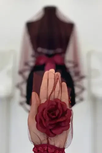 Бордовый Свадебный Набор Вуали, Набор Вуали для Хны с Каменными Бусинами и Блестками 6 Штук-ВуальБордо - 8