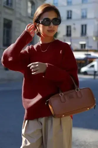 Бордовый Трикотажный Свитер Оверсайз с Круглым Вырезом MG1972-Bordo - 5