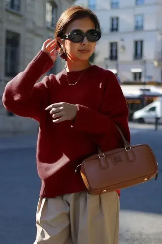 Бордовый Трикотажный Свитер Оверсайз с Круглым Вырезом MG1972-Bordo - 5