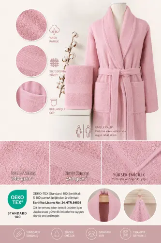 Bornoz Seti %100 Pamuk Sertifikalı Şalyaka Bornoz Kafa Havlusu Takımı 2 Parça Pudra Pembe - Pembe - 3