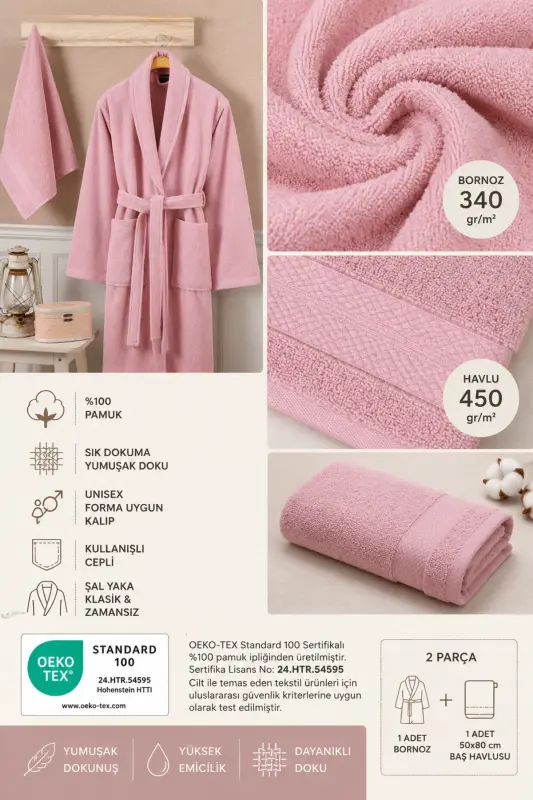Bornoz Seti %100 Pamuk Sertifikalı Şalyaka Bornoz Kafa Havlusu Takımı 2 Parça Pudra Pembe - Pembe - 4
