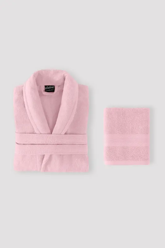 Bornoz Seti %100 Pamuk Sertifikalı Şalyaka Bornoz Kafa Havlusu Takımı 2 Parça Pudra Pembe - Pembe - 8