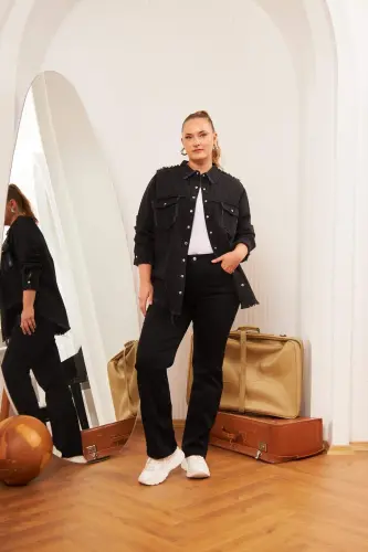 Boru Paça Büyük Beden Siyah Kot Pantolon - 4