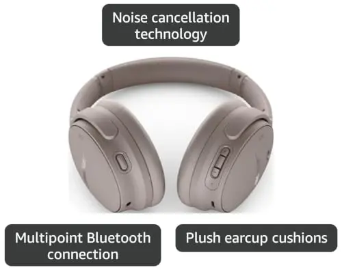 Bose QuietComfort Headphones - Wireless Bluetooth Headphones, Active Over Ear Noise Cancelling and Mic, USB-C Charging, Deep Bass, Up to 24 Hours of Playtime, Sandstone 