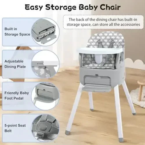 BOSEDSANG 4 in 1 Portable Baby Highchair Convertible Highchair for Babies and Toddlers - Foldable Carry Small Box, High Chair, Infant Booster Seat, Dining Chair, Easy to Carry and Store (Grey) - 3