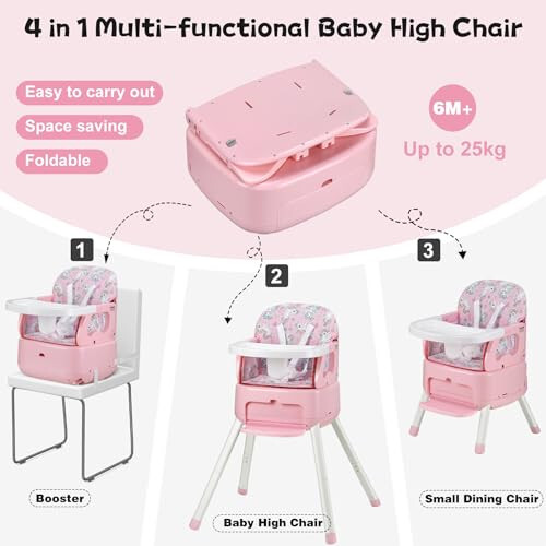 BOSEDSANG 4 in 1 Portable Baby Highchair Convertible Highchair for Babies and Toddlers - Foldable Carry Small Box, High Chair, Infant Booster Seat, Dining Chair, Easy to Carry and Store (Pink) - 32