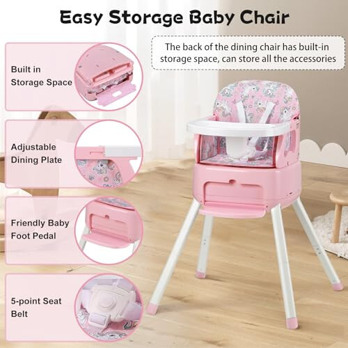 BOSEDSANG 4 ta 1 da Portable Baby Highchair Konvertiruem Highchair Chaqaloqlar va Bolalar uchun - Katlanadigan Ko'chirish Kichik Quti, Yuqori Stul, Chaqaloq Kuchaytirgichi, Ovqatlangan Stul, Oson Tashish va Saqlash (Pushti) - 33