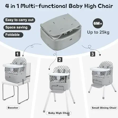 BOSEDSANG 4 in 1 Portable Baby Highchair Convertible Highchair for Babies and Toddlers - Foldable Carry Small Box, High Chair, Infant Booster Seat, Dining Chair, Easy to Carry and Store (Grey) - BOSEDSANG (1)