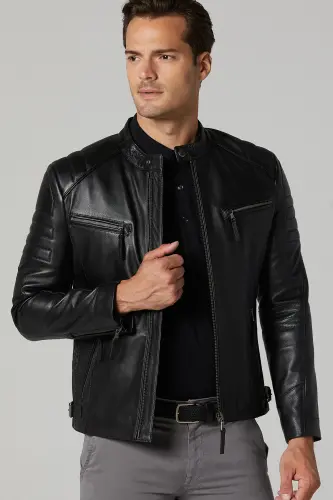 Bosh - X Erkek Siyah Slim-Fit Deri Ceket 20WGD6384CY - SIYAH-SIYAH - DERIMOD (1)