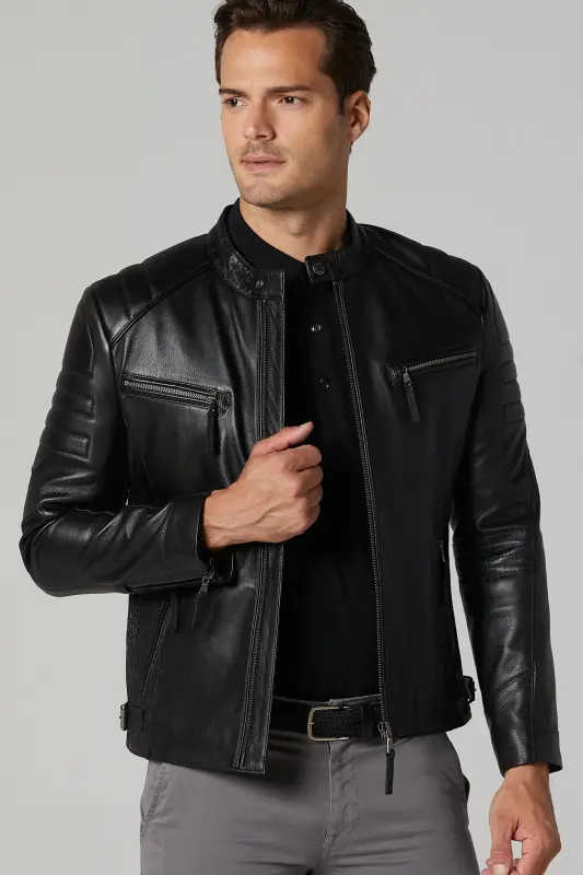 Bosh - X Erkek Siyah Slim-Fit Deri Ceket 20WGD6384CY - SIYAH-SIYAH - 2