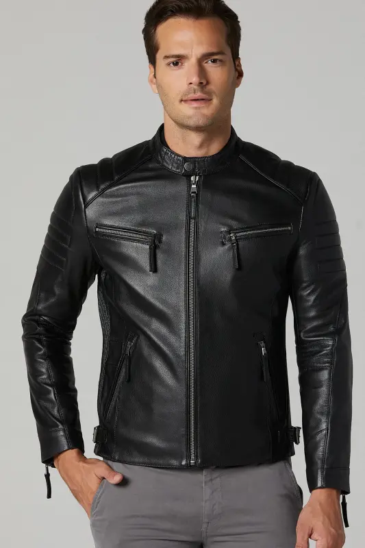 Bosh - X Erkek Siyah Slim-Fit Deri Ceket 20WGD6384CY - SIYAH-SIYAH - 3