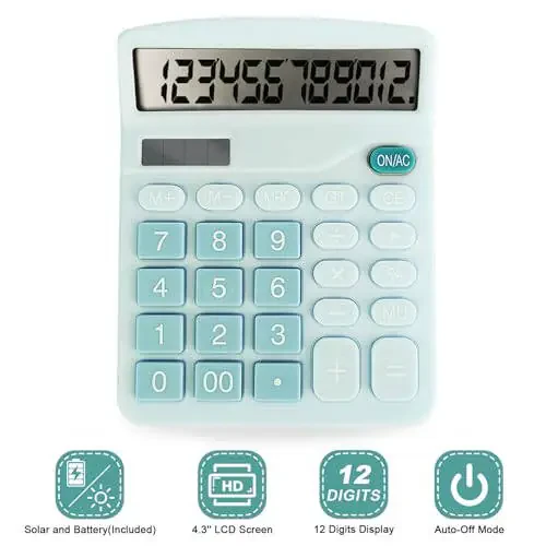 BOSIOBUF Basic Calculator with Comfortable Large LCD Display, 12 Digits Calculators Desktop, Tilt Screen, Big Button, Desk Calculator with Dual Power (Solar & Battery Included) (Blue) - 3