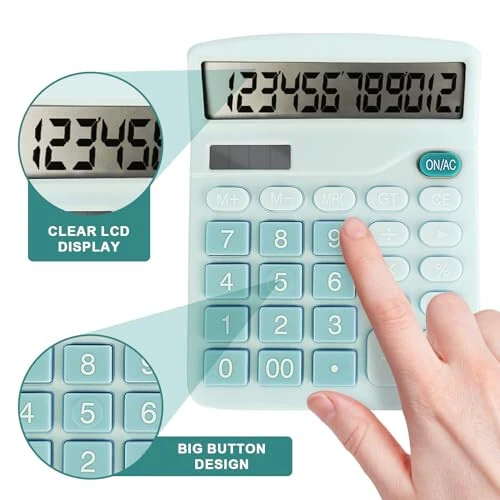 BOSIOBUF Basic Calculator with Comfortable Large LCD Display, 12 Digits Calculators Desktop, Tilt Screen, Big Button, Desk Calculator with Dual Power (Solar & Battery Included) (Blue) - 5