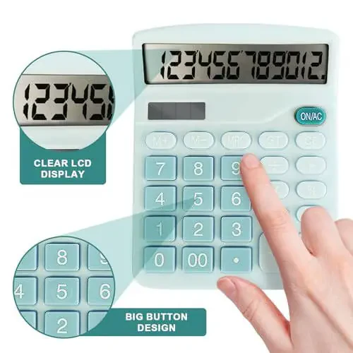 BOSIOBUF Basic Calculator with Comfortable Large LCD Display, 12 Digits Calculators Desktop, Tilt Screen, Big Button, Desk Calculator with Dual Power (Solar & Battery Included) (Blue) - 5