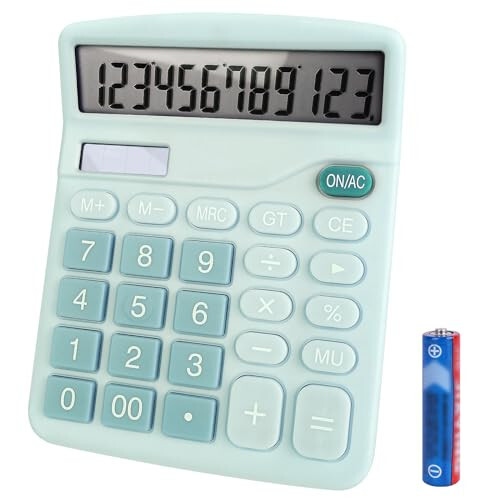 BOSIOBUF Basic Calculator with Comfortable Large LCD Display, 12 Digits Calculators Desktop, Tilt Screen, Big Button, Desk Calculator with Dual Power (Solar & Battery Included) (Blue) - BOSIOBUF