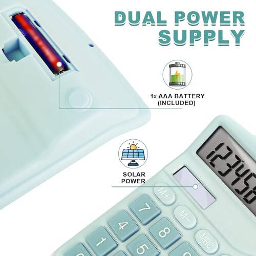 BOSIOBUF Basic Calculator with Comfortable Large LCD Display, 12 Digits Calculators Desktop, Tilt Screen, Big Button, Desk Calculator with Dual Power (Solar & Battery Included) (Blue) - 4
