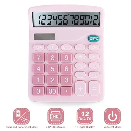 BOSIOBUF Basic Calculator with Comfortable Large LCD Display, 12 Digits Calculators Desktop, Tilt Screen, Big Button, Desk Calculator with Dual Power (Solar & Battery Included) (Pink) - 3