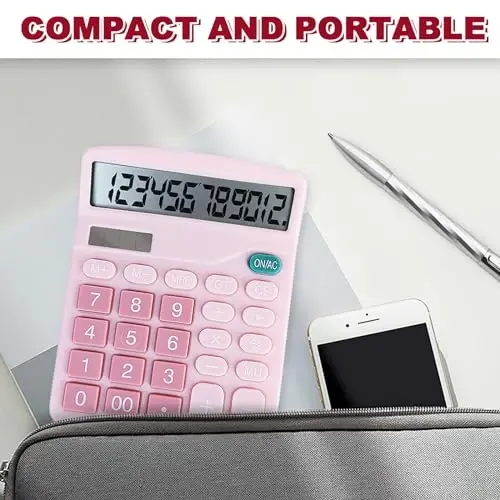 BOSIOBUF Basic Calculator with Comfortable Large LCD Display, 12 Digits Calculators Desktop, Tilt Screen, Big Button, Desk Calculator with Dual Power (Solar & Battery Included) (Pink) - 6