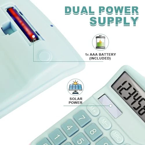 BOSIOBUF O‘ziga xos keng LCD displeyli oddiy kalkulyator, 12 xonali stol kalkulyatori, qiyshiq ekran, katta tugmalar, ikki quvvat manbai (quyosh energiyasi va batareya qo‘shilgan) (ko‘k) - 4