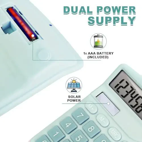 BOSIOBUF O‘ziga xos keng LCD displeyli oddiy kalkulyator, 12 xonali stol kalkulyatori, qiyshiq ekran, katta tugmalar, ikki quvvat manbai (quyosh energiyasi va batareya qo‘shilgan) (ko‘k) - 4