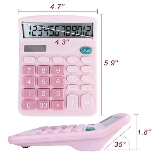 BOSIOBUF Basic Calculator with Comfortable Large LCD Display, 12 Digits Calculators Desktop, Tilt Screen, Big Button, Desk Calculator with Dual Power (Solar & Battery Included) (Pink) - 2