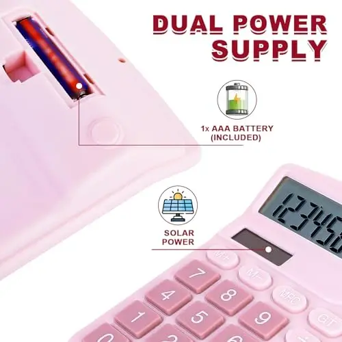 BOSIOBUF Basic Calculator with Comfortable Large LCD Display, 12 Digits Calculators Desktop, Tilt Screen, Big Button, Desk Calculator with Dual Power (Solar & Battery Included) (Pink) - 4