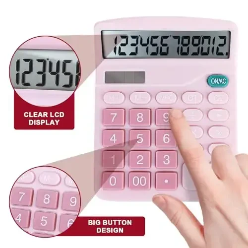 BOSIOBUF Basic Calculator with Comfortable Large LCD Display, 12 Digits Calculators Desktop, Tilt Screen, Big Button, Desk Calculator with Dual Power (Solar & Battery Included) (Pink) - 5