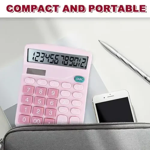 BOSIOBUF Basic Calculator with Comfortable Large LCD Display, 12 Digits Calculators Desktop, Tilt Screen, Big Button, Desk Calculator with Dual Power (Solar & Battery Included) (Pink) - 6