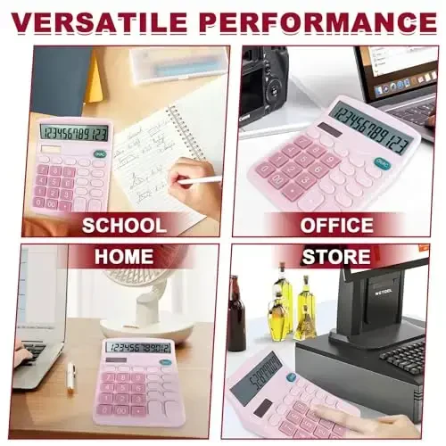 BOSIOBUF Basic Calculator with Comfortable Large LCD Display, 12 Digits Calculators Desktop, Tilt Screen, Big Button, Desk Calculator with Dual Power (Solar & Battery Included) (Pink) - 7