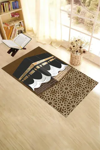 Bosma naqshli yuviladigan Kaaba naqshli sovg'alik namoz gilami 70x130cm, SECCADE-47-QAHVARANGI,-QAHVARANGI - EY HOME (1)