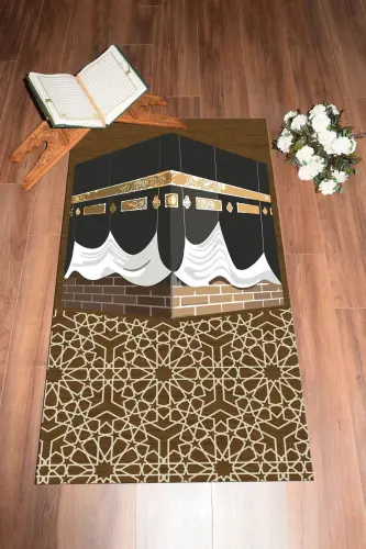 Bosma naqshli yuviladigan Kaaba naqshli sovg'alik namoz gilami 70x130cm, SECCADE-47-QAHVARANGI,-QAHVARANGI - 8
