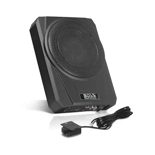 BOSS Audio Systems BASS10 Kuchaytirilgan Avtomobil Sabvuferi - Past Profil, 10 Dyumli Sabvufer, Masofadan Boshqarish Pulti, Cheklangan Joyga Ega Bo'lgan Avtomobillar Uchun, Masofadan Boshqarish Pulti 