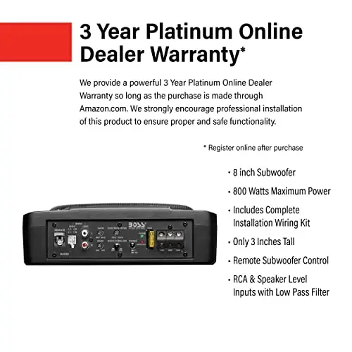 BOSS Audio Systems BASS8K 8 Inch Powered Car Subwoofer and Amplifier Wiring Kit Package - 800 Watts Max Power, Under Seat, Low Profile, 8 Gauge Wiring Kit, for Truck Boxes and Enclosures - 4