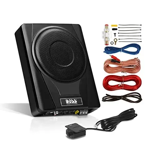 BOSS Audio Systems BASS8K 8 Inch Powered Car Subwoofer and Amplifier Wiring Kit Package - 800 Watts Max Power, Under Seat, Low Profile, 8 Gauge Wiring Kit, for Truck Boxes and Enclosures - BOSS AUDIO SYSTEMS