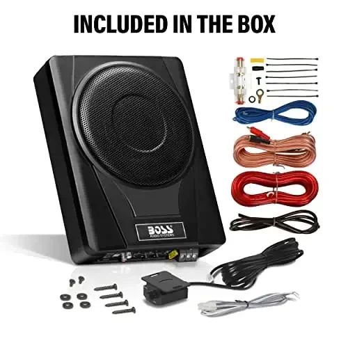 BOSS Audio Systems BASS8K 8 Inch Powered Car Subwoofer and Amplifier Wiring Kit Package - 800 Watts Max Power, Under Seat, Low Profile, 8 Gauge Wiring Kit, for Truck Boxes and Enclosures - 5