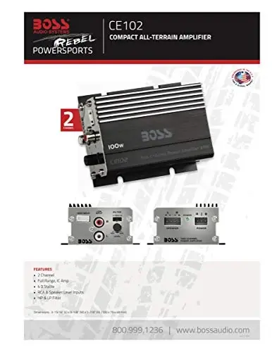 BOSS Audio Systems CE102 2 Channel Car Amplifier - 100 Watts, Full Range, Class A/B, IC (Integrated Circuit) - 6