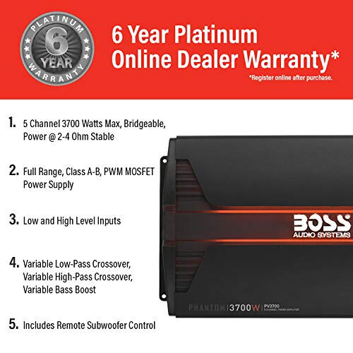 BOSS Audio Systems PV3700 5 Channel Car Stereo Amplifier – 3700 High Output, 5 Channel, 2/4 Ohm Stable, Low/High Level Inputs, High/Low Pass Crossover, Full Range, Bridgeable, for Subwoofer - 3