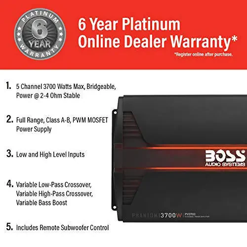 BOSS Audio Systems PV3700 5 Channel Car Stereo Amplifier – 3700 High Output, 5 Channel, 2/4 OModazone Stable, Low/High Level Inputs, High/Low Pass Crossover, Full Range, Bridgeable, for Subwoofer - 3