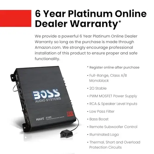BOSS Audio Systems R1100M-S Monoblock Car Amplifier - 1100 High Output, 2-8 OModazone Stable, Low/High Level Inputs, Low Pass Crossover, MOSFET Power Supply - 5