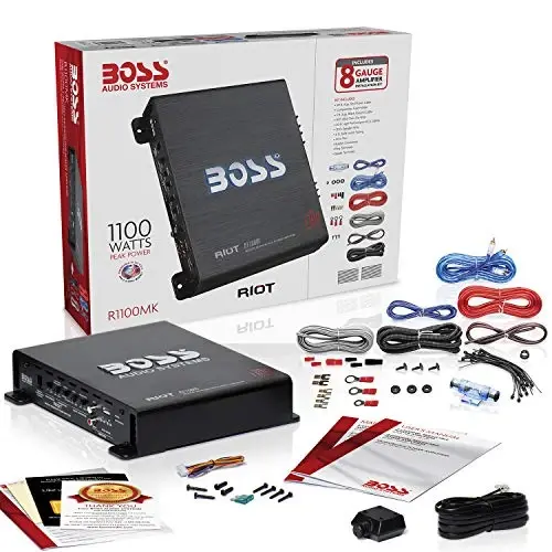 BOSS Audio Systems R1100MK Car Amplifier and 8 Gauge Wiring Kit - 1100 Watts Max Power, 2-4 OModazone Stable, Class A/B, Monoblock, Mosfet Power Supply, Remote Subwoofer Control - 6