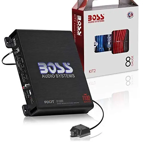 BOSS Audio Systems R1100MK Car Amplifier and 8 Gauge Wiring Kit - 1100 Watts Max Power, 2-4 OModazone Stable, Class A/B, Monoblock, Mosfet Power Supply, Remote Subwoofer Control - 1